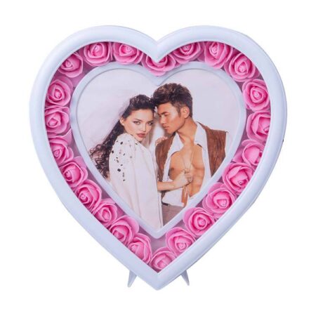 Fotoğraf Çerçevesi - Led Işıklı Kalp Görünümlü Pembe Güllü