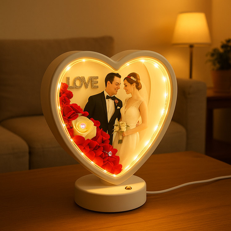 Işıklı Fotoğraf Çerçevesi - Kalp Tasarımlı Çiçek Detaylı