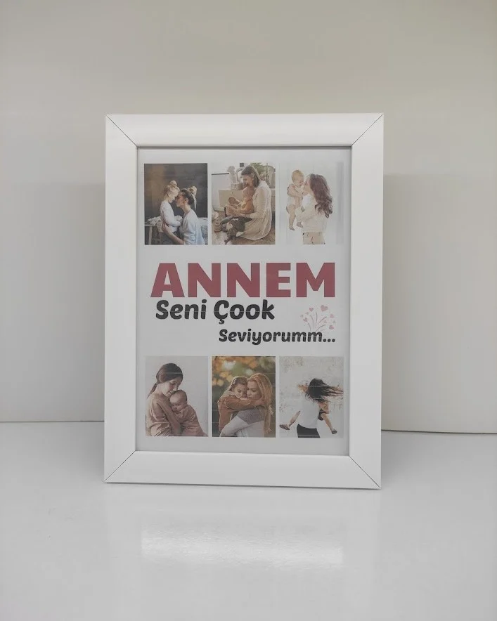 Anneye Hediye Kişiye Özel 6 Fotoğraflı Beyaz Kolaj Çerçeve 18x24 cm Gerçek Camlı