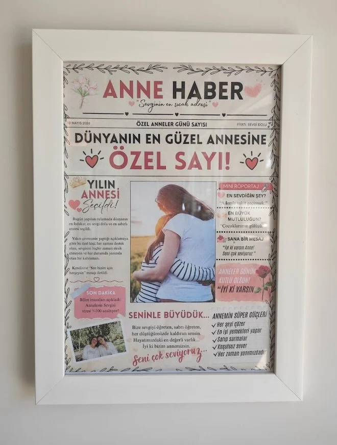 Anneler Günü Hediyesi Kişiye Özel A4 Çerçeve – Anne Haber Tasarımlı Anı Gazetesi