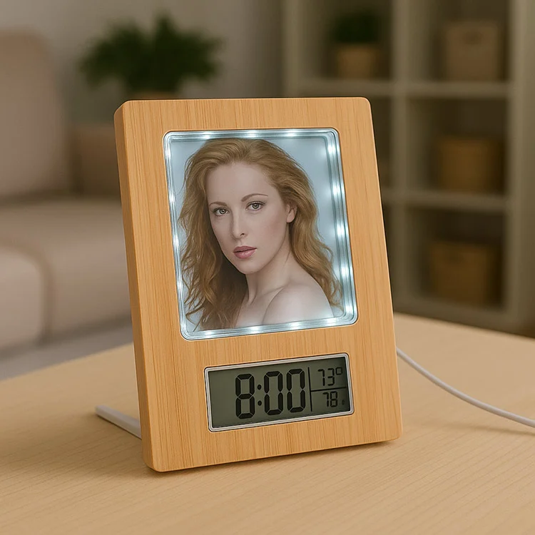 Sihirli Ayna Fotoğraflı Led Işıklı - Bambu Saat Takvim Fotoğraf Çerçevesi