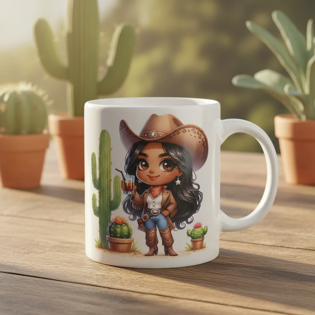 Kişiye Özel Chibi Kovboy Kız ve Kaktüs Tasarımlı Porselen Kupa Bardak