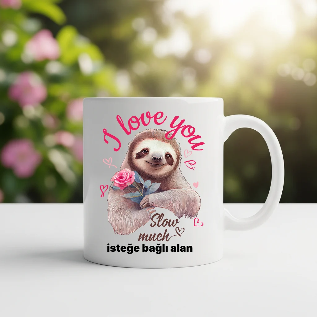 Kişiye Özel I Love You Slow Much Temalı Gül Tutan Tembel Hayvan Tasarımlı Kupa Bardak