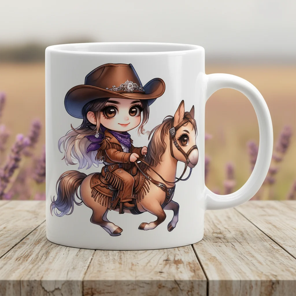 Kişiye Özel At Üzerinde Chibi Kovboy Kız Tasarımlı Beyaz Porselen Kupa